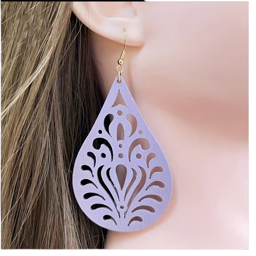 Boho Lavender Cut Wood Drop Earrings